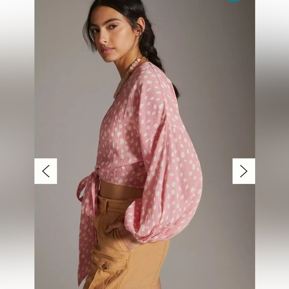 Anthropologie Pink Polka Dot Tie-Front Blouse - Picture 4 of 15